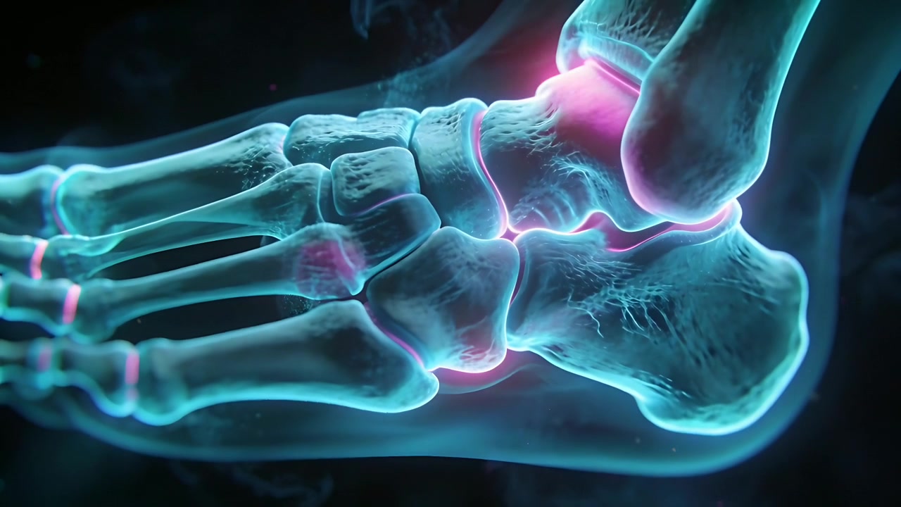 Animating 3D foot bones pulsing magenta glow at ankle on start in studio, showing joint activity
