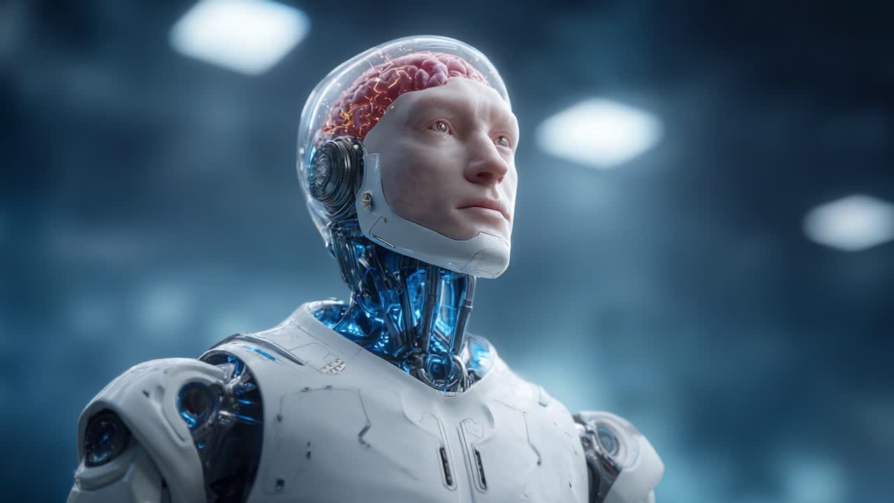 An advanced humanoid robot with a transparent head showcasing a glowing brain, emphasizing the intersection of technology and artificial intelligence in futuristic designs