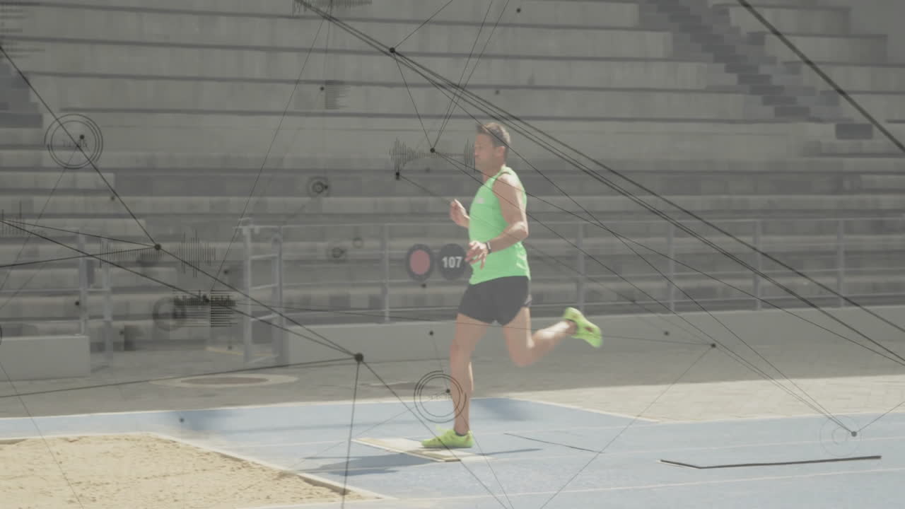 Running athlete on track with network connections animation over stadium background
