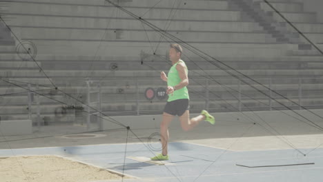 running athlete on track with network connections animation over stadium background