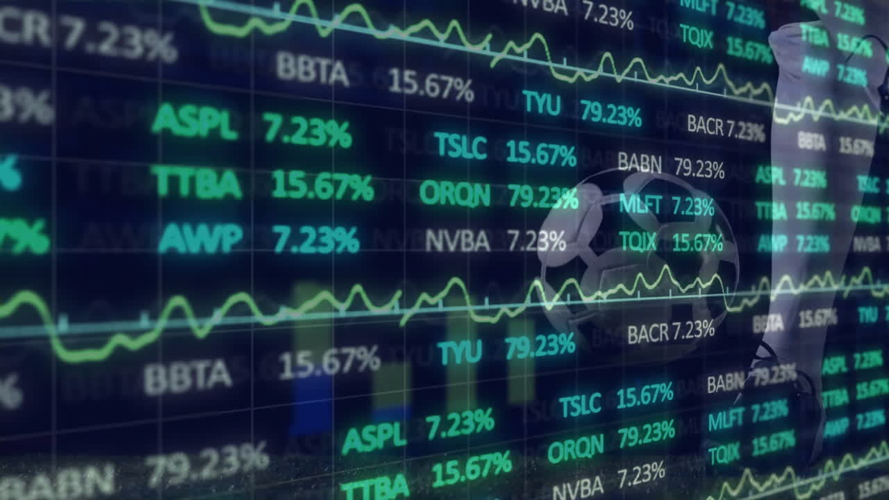 Grafici e percentuali fluttuanti su display digitale che mostrano dati del mercato azionario
