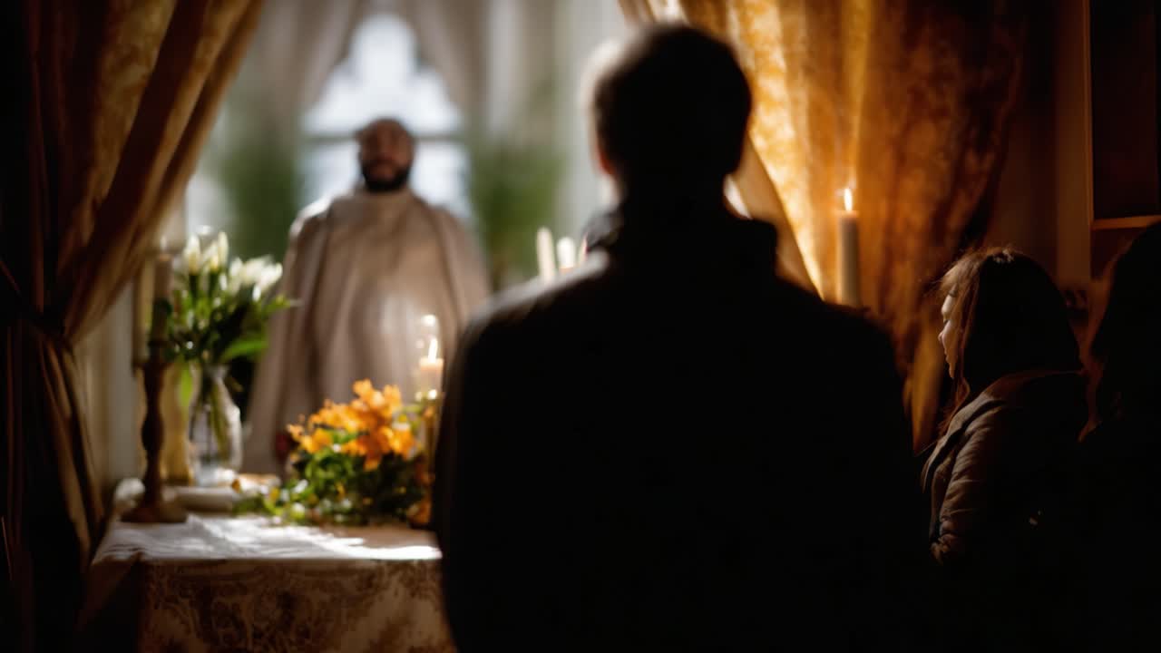 Momento di riflessione: una persona osserva una cerimonia con un sacerdote in una stanza scarsamente illuminata, circondata da candele e splendide composizioni floreali