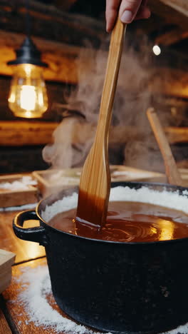 hand stirring sauce in a pot