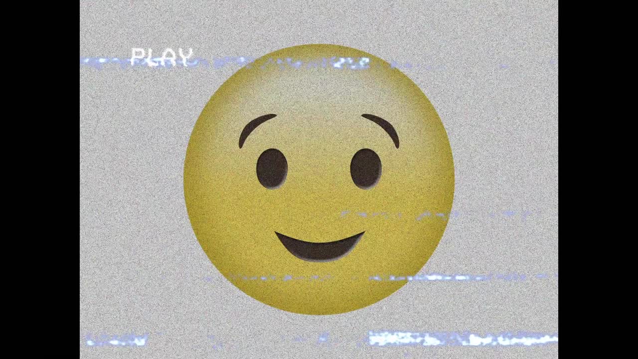 Animation of playback interface with interference over happy winking emoji, on grey background