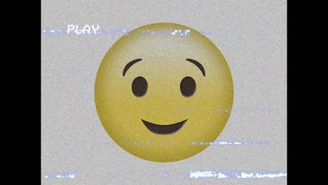 Animation-of-playback-interface-with-interference-over-happy-winking-emoji,-on-grey-background