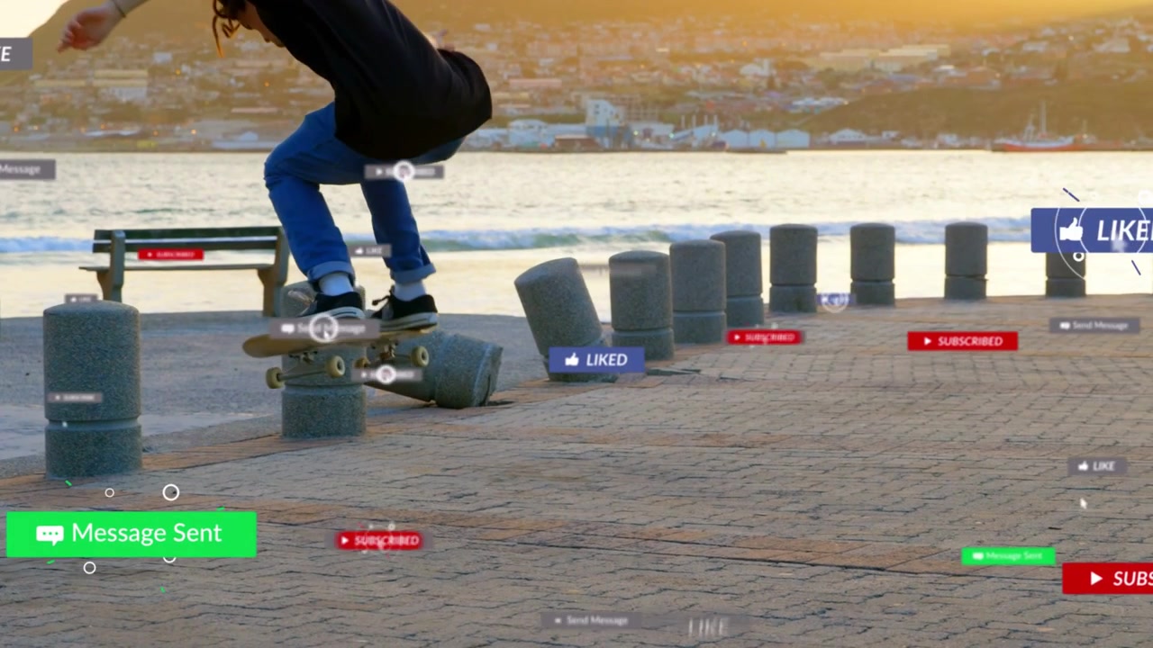 Skater riding left, popping ollie over bollards, with social media labels swarming and tracking