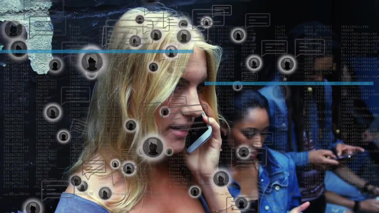 Blonde woman answering incoming smartphone call in dim hall, tech bubbles and code crossing face