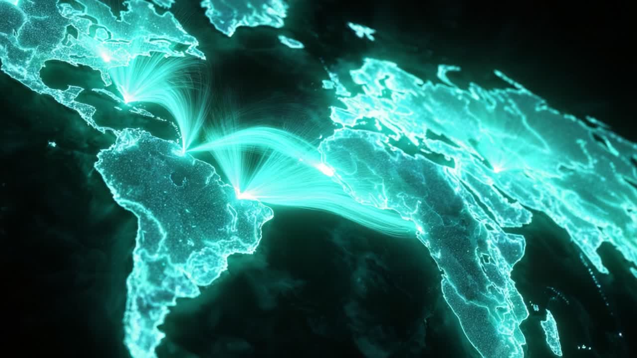 Luminous cyan lines representing data streams connecting major cities across the Americas, Europe, and Africa on a glowing world map, illustrating a concept of global communication and technology