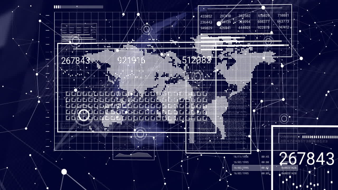 Animation of digital data and network connections on world map interface