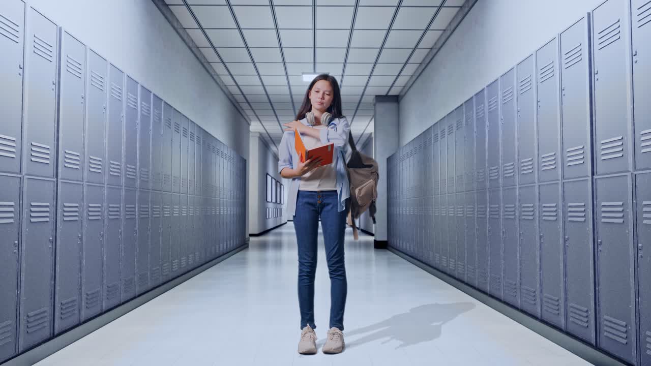 cuerpo lleno de estudiante adolescente asiática cansada con una mochila leyendo un libro mientras estaba de pie en el pasillo