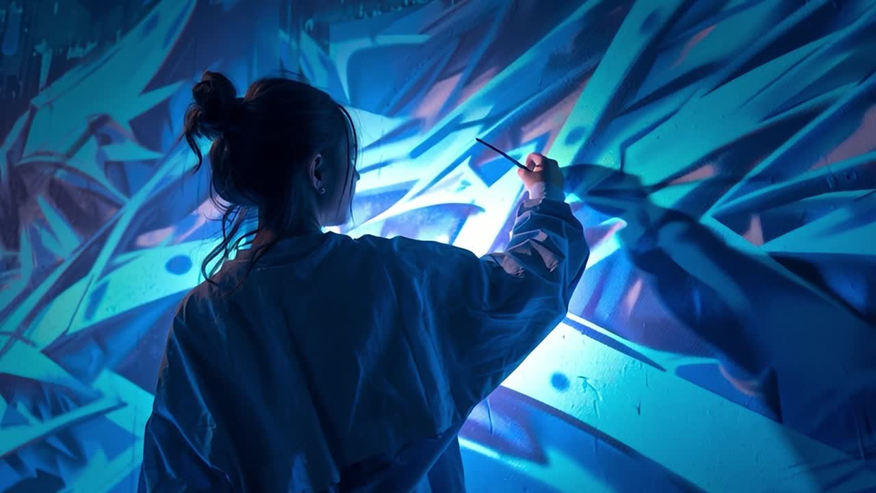 Kunstner skaber levende graffiti-maleri med lysebltoner om natten