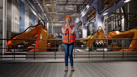 full body of asian female engineer with safety helmet pray for something while standing with industrial robotic arms working