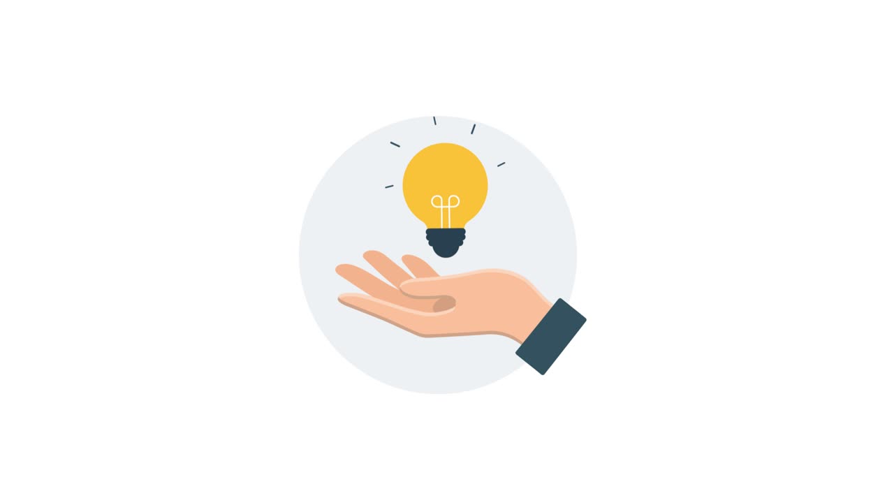 Animated Illustration of Hand Presenting a Glowing Light Bulb Idea