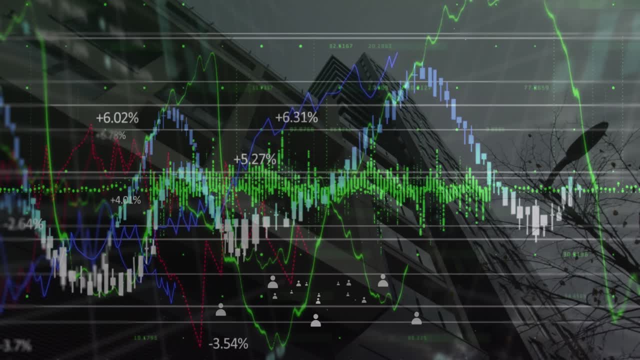 금융 데이터 처리 및 프로필 아이콘의 애니메이션 고층 건물의 낮은 각도 뷰에 대해