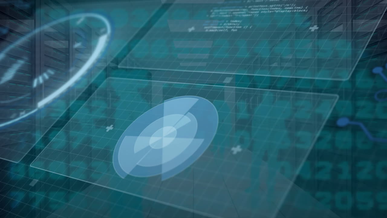 Futuristic data processing animation over people in server room environment