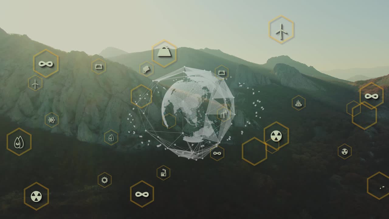 자연과 인류의 산업을 균형 잡는 아이디어 - 산의 oassvet의 배경에 지구를 가진 산업 로고 - 우주 비행