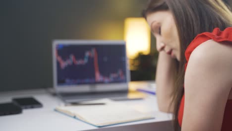 the woman looking at the cryptocurrency chart is unhappy. loss in the stock market.