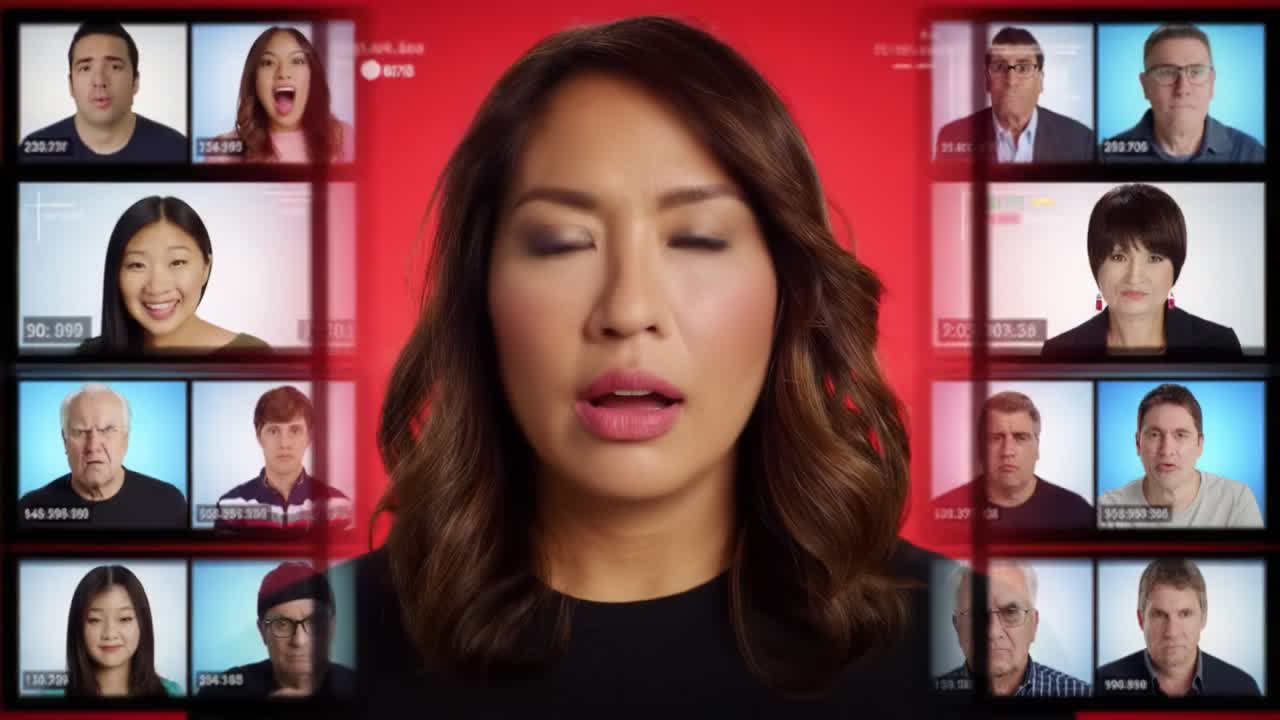 A host presents various emotions while multiple individuals display different reactions on screen. The atmosphere is engaging and aims to capture a range of feelings.