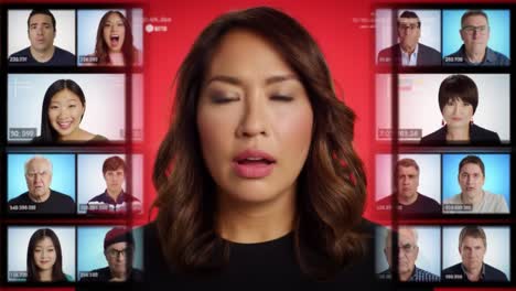 a host presents various emotions while multiple individuals display different reactions on screen. the atmosphere is engaging and aims to capture a range of feelings.