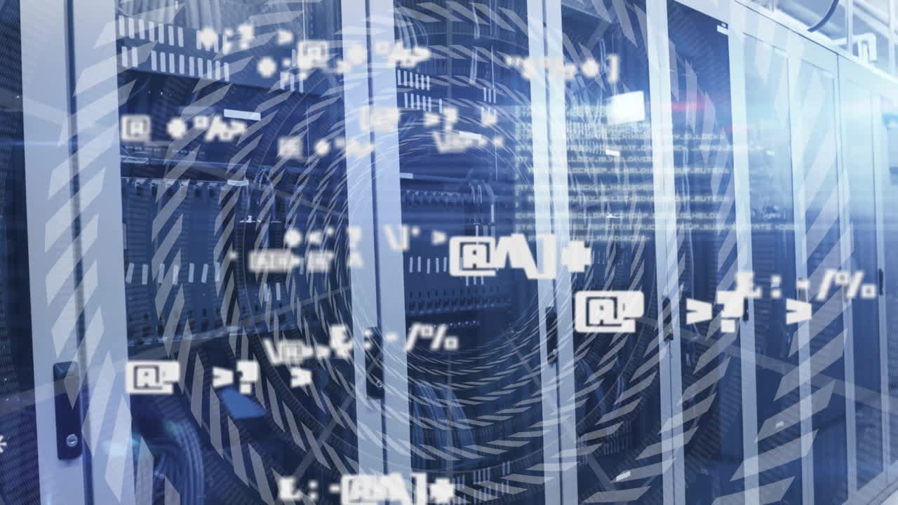 Animation of data processing with circles over server room
