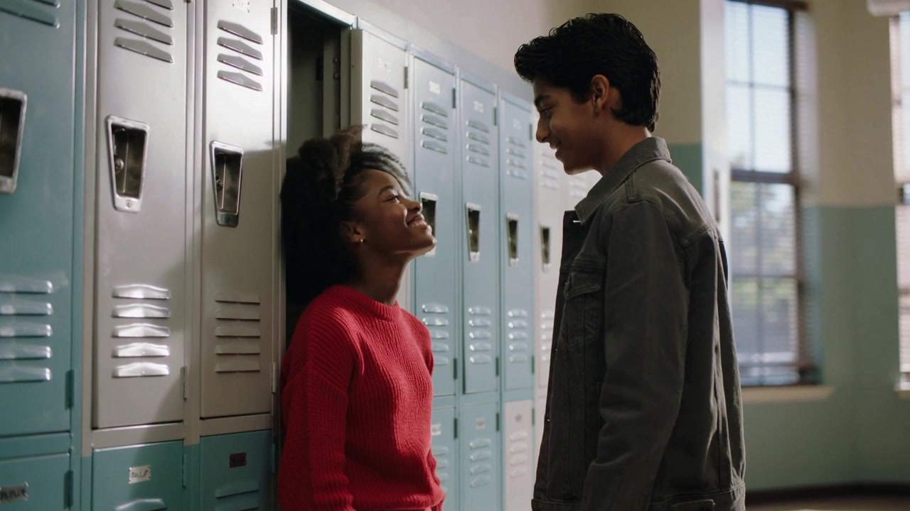 Smiling students in red knit and gray jacket exchanging looks by locker row, boy starting speaking