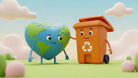 an animated earth and recycling bin show compassion, promoting environmental awareness and responsible waste management through fun characters and engaging imagery