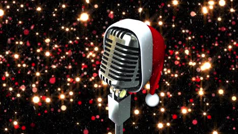 Animation-of-santa-hat-over-a-microphone-against-red-light-sparks-floating-against-black-background