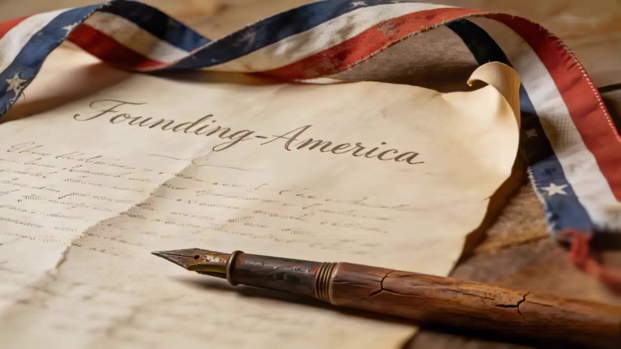Zooming camera focusing on Founding-America parchment on worn table showing fountain pen and ribbon