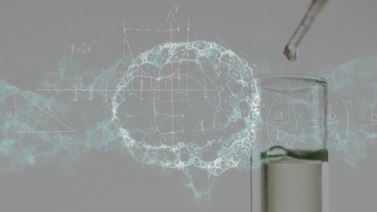 Animation of scientific data processing over laboratory dishes on grey background