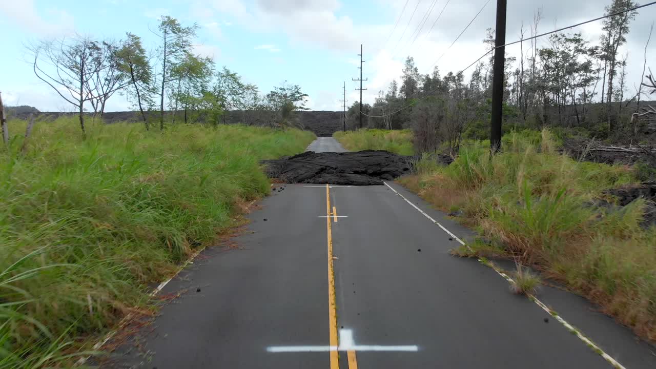 Low Aerial over Lava on Road near Kapoho on Big Island, Hawaii