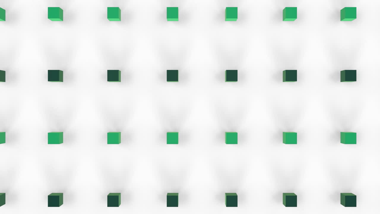 animación de cubos tridimensionales de color verde que se mueven contra un fondo blanco