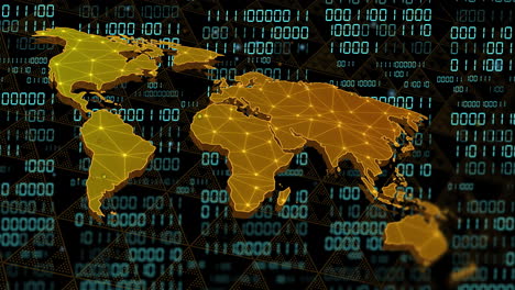 world map with network connections over binary code animation