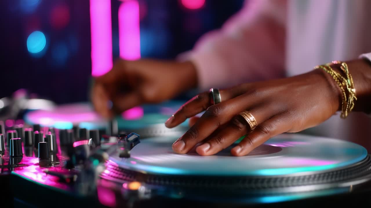 An Enthusiastic DJ Engages the Crowd with Skillful Mixing Techniques, as the Hands Showcase Precision and Style Over Vinyl Records in a Colorful, Vibrant Nightlife Setting