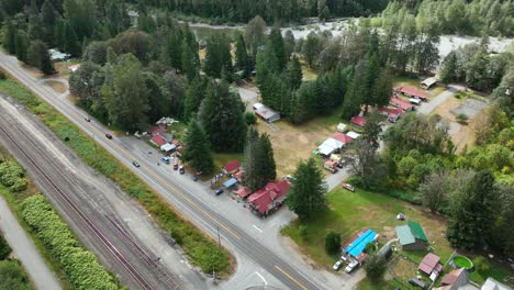 Overhead-aerial-view-of-Baring,-Washington's-town-center-right-off-of-highway-US-2