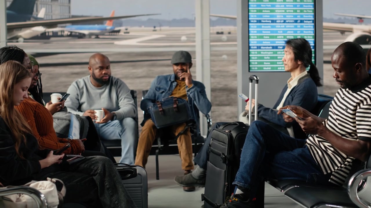 Multiethnic passengers holding passports in busy airport lounge, doing vacation trip