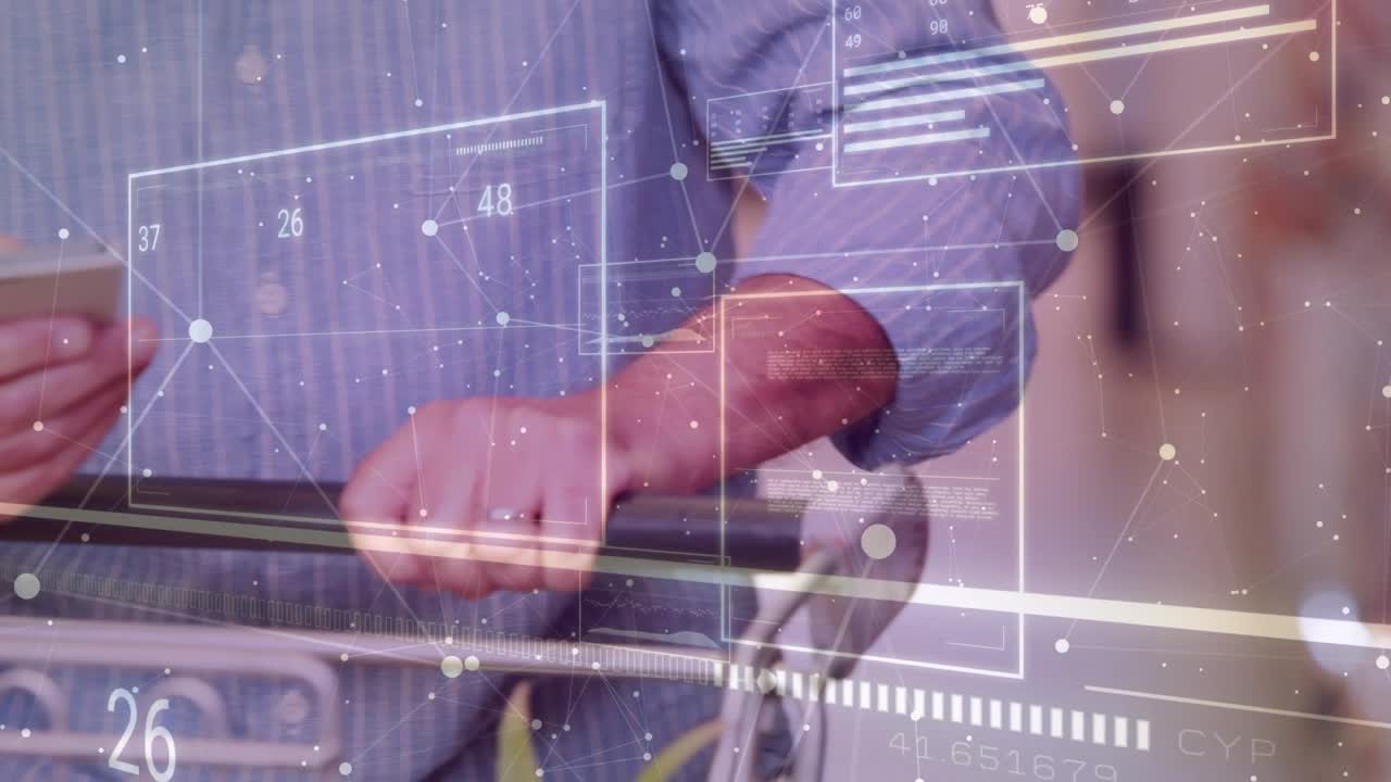 Senior man tapping smartphone and pushing cart, retail HUD animating prices and guiding choices