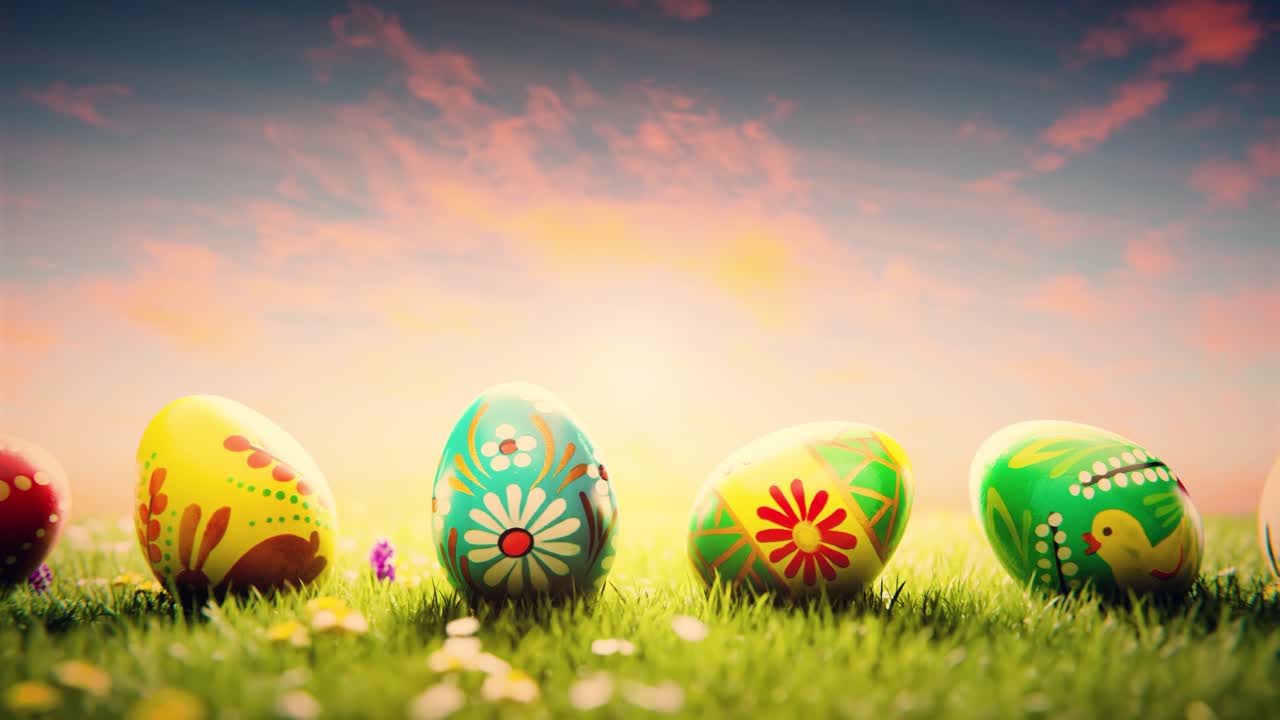 Colorful Decorated Easter Eggs on Green Grass at Sunset