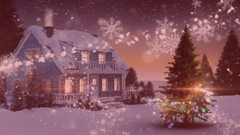 spots of light, shooting star and snowflakes falling over against christmas tree and house