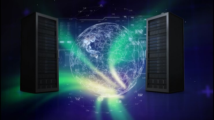 Animation ofservers over globe and data processing on blue background