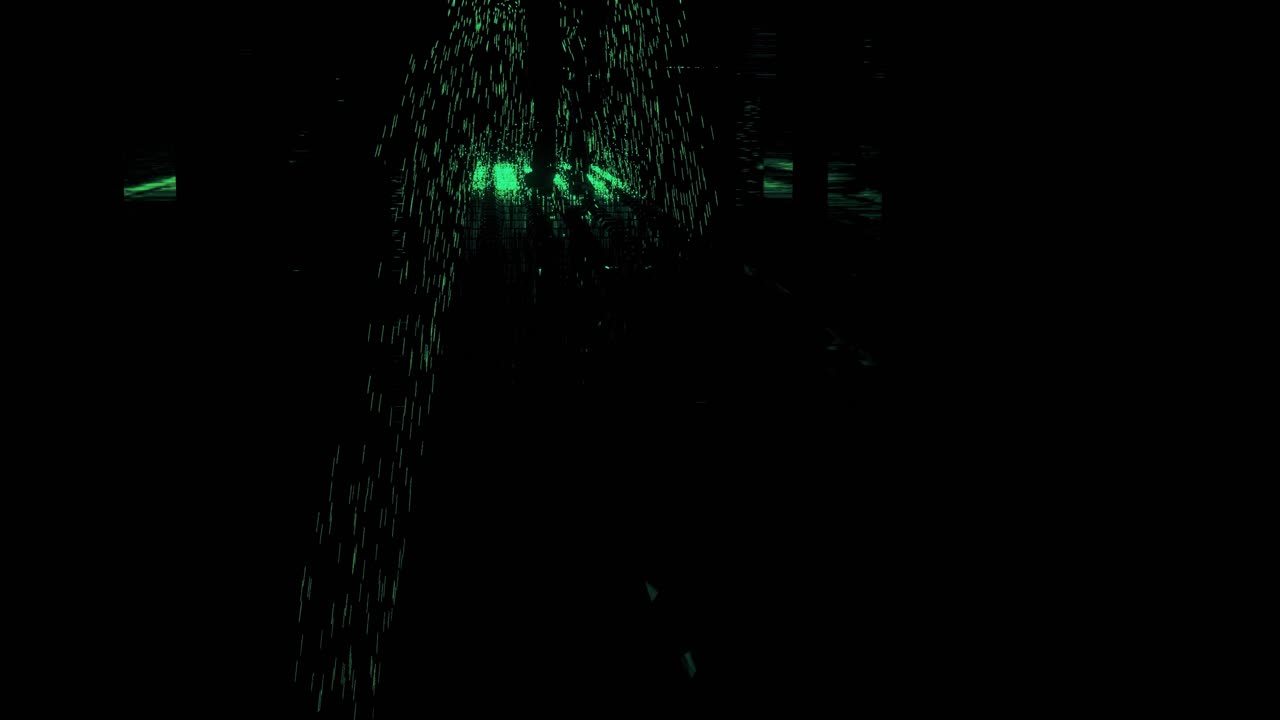 Abstract green and black digital art with glowing lines and dots