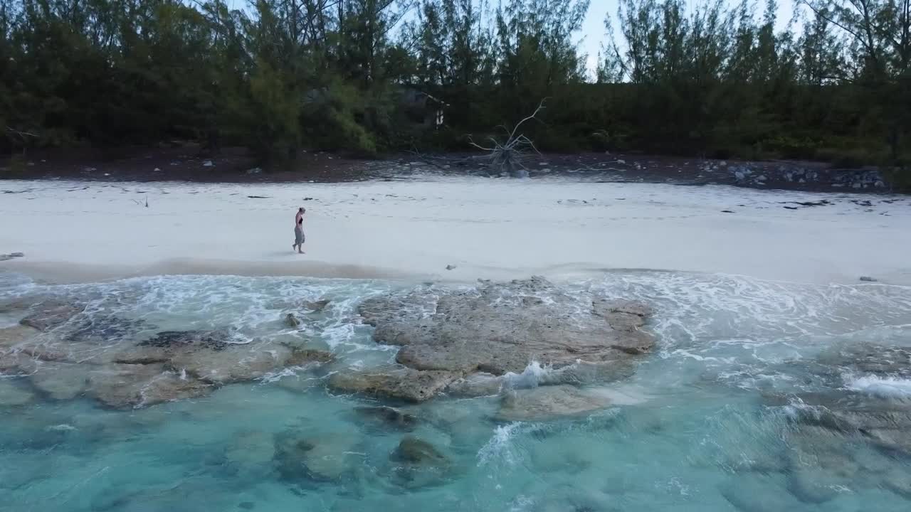 vista aérea de una mujer caminando por la playa