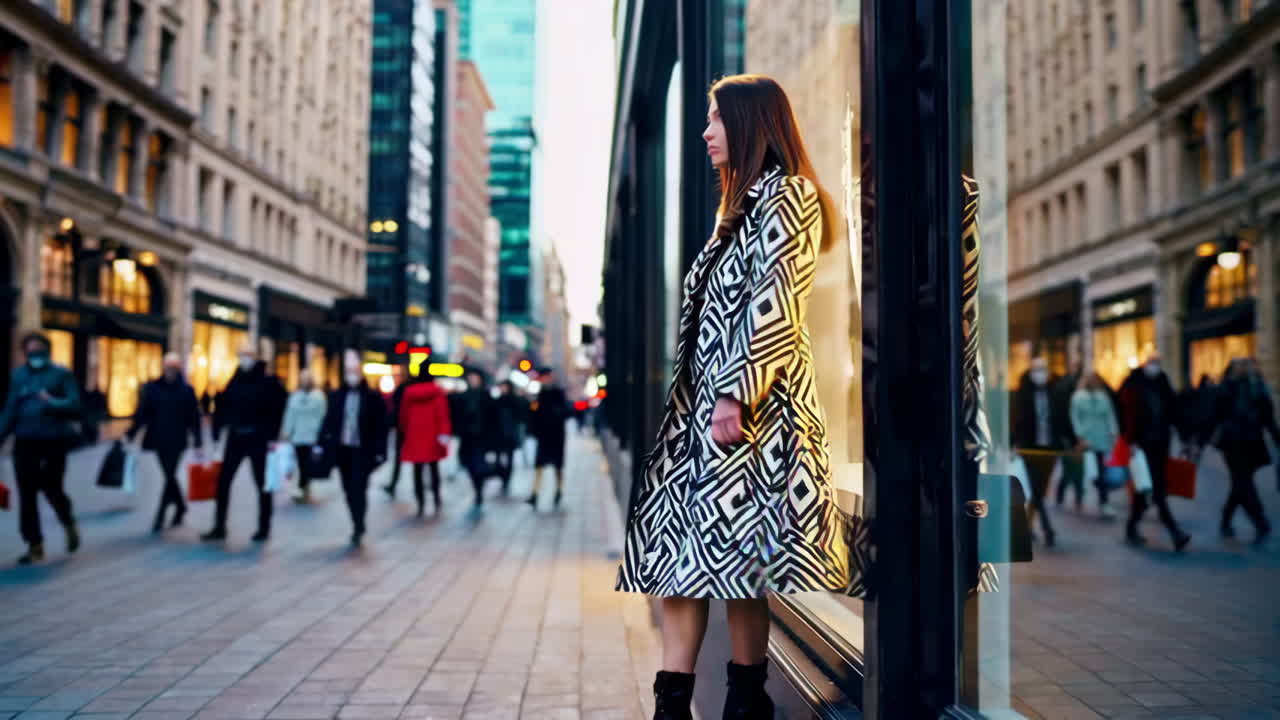 Stylish Woman Walking in a Busy City Street