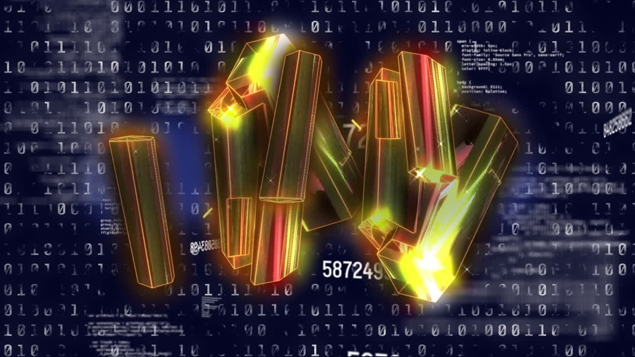 Animation of glowing yellow blocks rotating over binary code on navy background