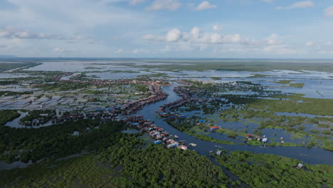 wide aerial view of tonlé sap flooded plains with clustered floating villages and green forest