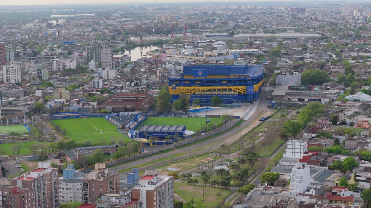 Aerial view of La Bombonera stadium, home to Boca Juniors, surrounded by the urban landscape of Buenos Aires. Argentina.