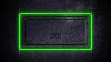 animación de rectángulos de neón verdes, blancos y amarillos brillantes sobre un fondo de pared de piedra gris oscuro