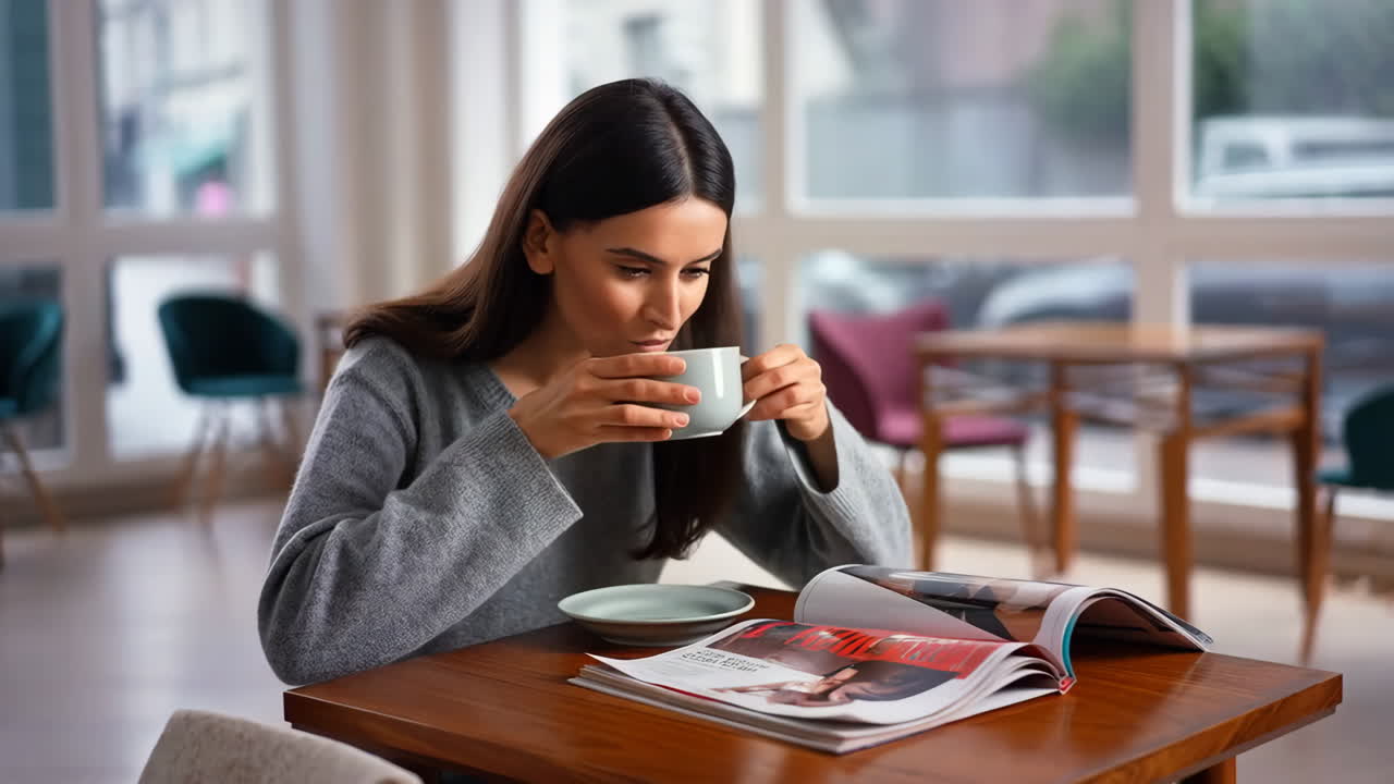 Woman enjoying a drink and reading a magazine in a cafe