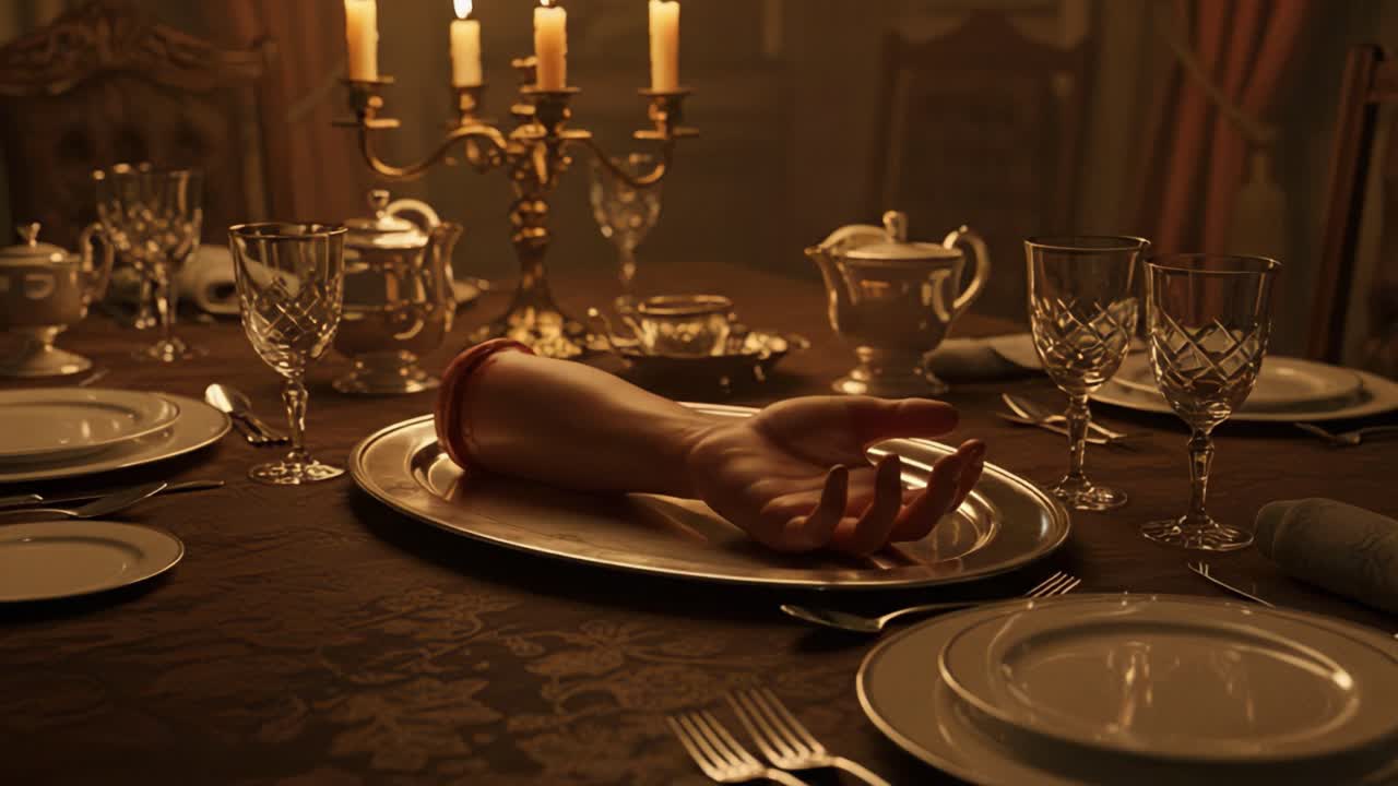 A macabre dining setting featuring a severed arm elegantly presented on a silver tray, surrounded by an opulent table setting with candles, glassware, and fine china
