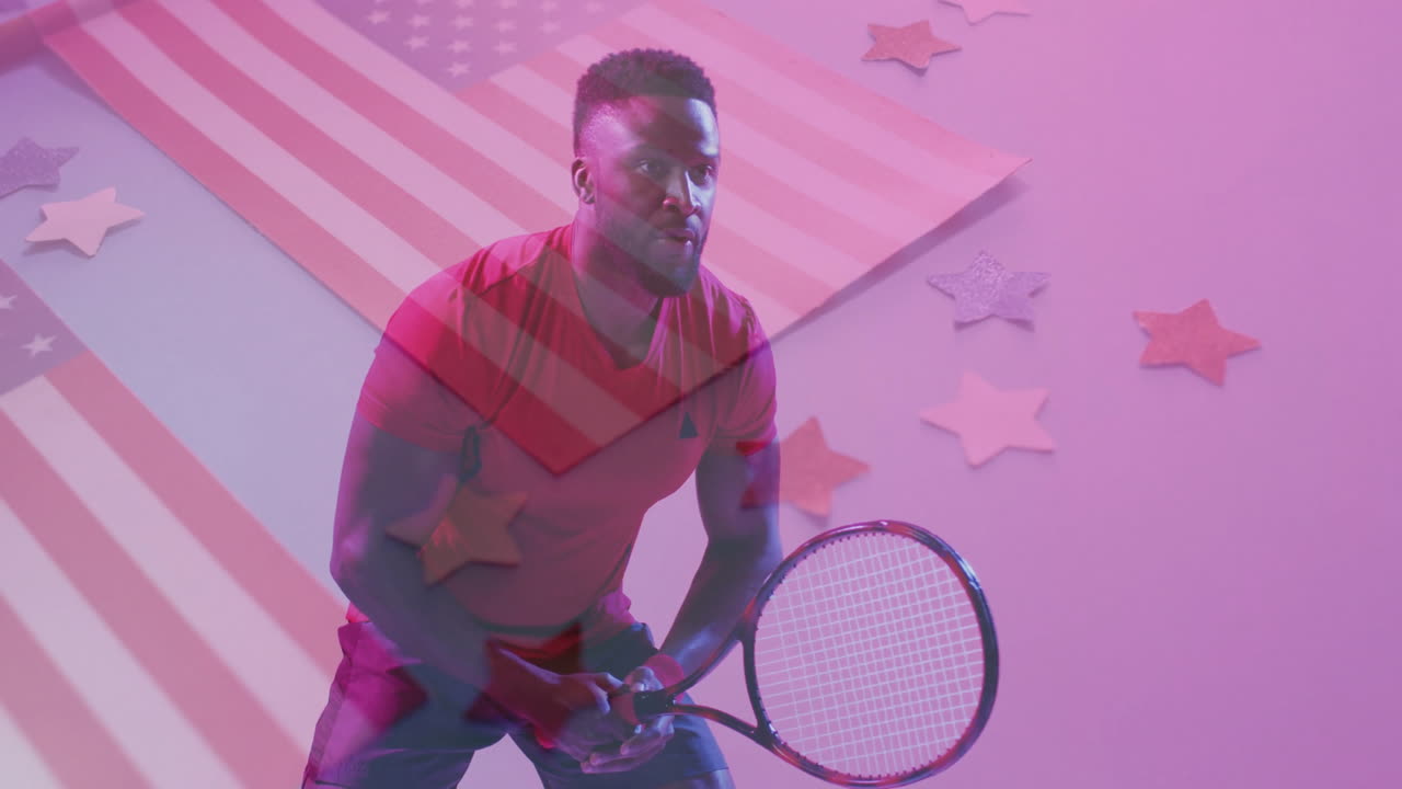 American flag and stars overlaying tennis player preparing serve in animation