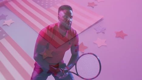 american flag and stars overlaying tennis player preparing serve in animation